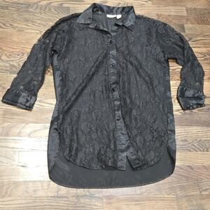 Vintage Victoria's Secret Black Lace & Satin Button Down Nightshirt Lingerie S